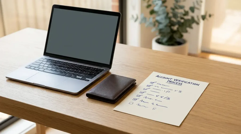 Laptop beside an identity document wallet and a paper checklist on a desk