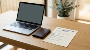 Laptop beside an identity document wallet and a paper checklist on a desk