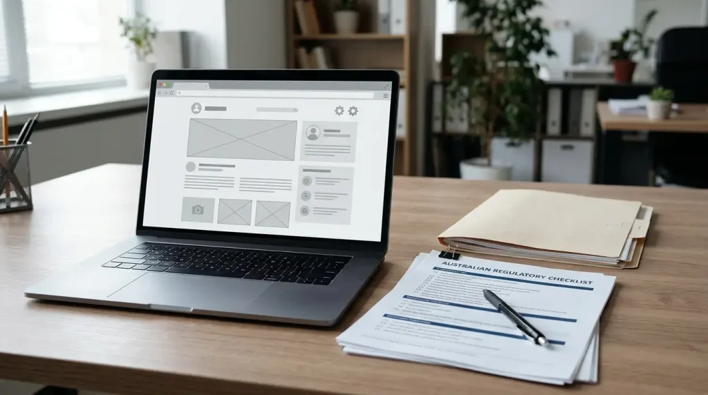 Laptop beside a printed regulatory checklist on a desk