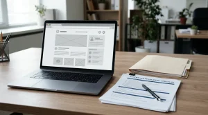 Laptop beside a printed regulatory checklist on a desk