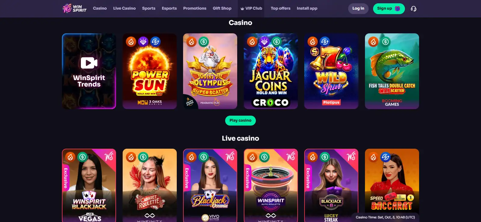 Screenshot of the WinSpirit public games lobby showing category navigation and game tiles