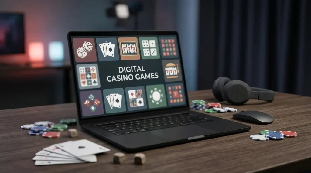 Laptop displaying a grid of abstract casino game tiles beside playing cards and chips