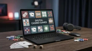 Laptop displaying a grid of abstract casino game tiles beside playing cards and chips