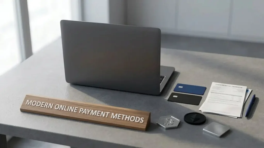 Payment cards, bank transfer notes and crypto tokens arranged beside a laptop
