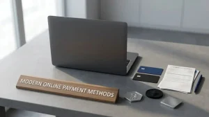 Payment cards, bank transfer notes and crypto tokens arranged beside a laptop