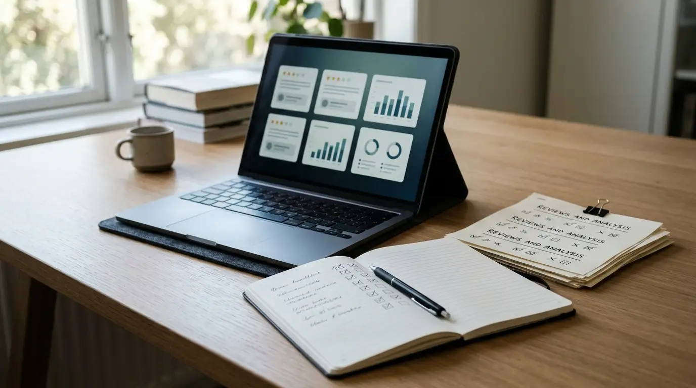 Editorial desk with a laptop, notebook and review cards arranged for comparison
