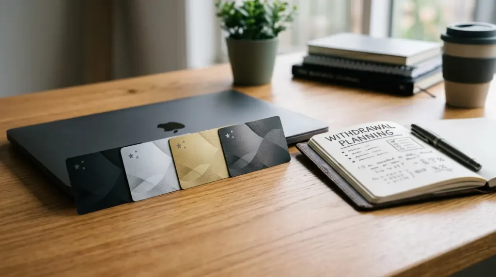 Tiered membership cards arranged beside a laptop and a withdrawal planning notebook