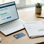 Laptop beside a payment card, bank transfer form and cryptocurrency tokens
