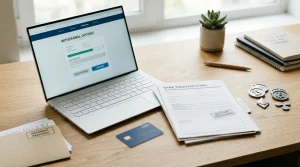 Laptop beside a payment card, bank transfer form and cryptocurrency tokens